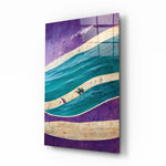 Waves glass wall art displayed above a walnut headboard in a serene bedroom with linen drapes