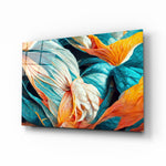 Flowerish glass wall art displayed above a linen sofa in a contemporary living room with brass floor lamp