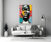 The Rebellious Look close-up showing African portrait with ochre cheek patch and teal blocks