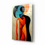 Hug glass wall art displayed above a walnut headboard in a serene bedroom with linen drapes
