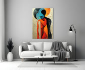 Hug close-up showing cobalt moon-head muse embracing amber-robed figure
