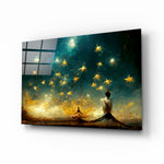 Mysticism glass wall art displayed above a walnut headboard in a serene bedroom with linen drapes