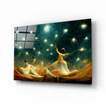 Mysticism glass wall art displayed above a walnut headboard in a serene bedroom with linen drapes