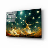 Mysticism glass wall art displayed above a walnut headboard in a serene bedroom with linen drapes