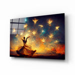 Mysticism glass wall art displayed above a walnut headboard in a serene bedroom with linen drapes