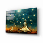 Mysticism glass wall art displayed above a walnut headboard in a serene bedroom with linen drapes