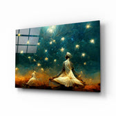 Mysticism glass wall art displayed above a walnut headboard in a serene bedroom with linen drapes