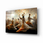 Mysticism glass wall art displayed above a walnut headboard in a serene bedroom with linen drapes