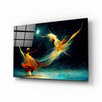 Mysticism glass wall art displayed above a walnut headboard in a serene bedroom with linen drapes