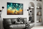 Mysticism glass wall art styled above a console in a hallway