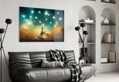 Mysticism glass wall art styled above a console in a hallway