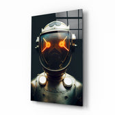 Robotic View glass wall art displayed above a black leather sectional in a moody man cave with brass sconces