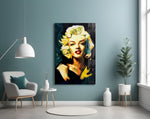 Marilyn Monroe glass wall art styled above a console in a hallway
