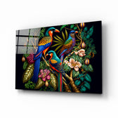Tropical Birds glass wall art displayed above a walnut sideboard in a contemporary dining room with linen drapes