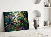Dating on Amazon close-up showing two tropical birds amid lush jungle foliage