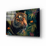 Trap Behind Flowers glass wall art displayed above a linen sofa in a contemporary living room with brass floor lamp