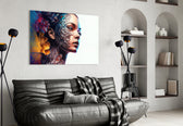 Transmutation to Beauty glass wall art styled above a sideboard in a living room