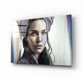 Girl with a Tattoo glass wall art displayed above a walnut headboard in a serene bedroom with linen drapes