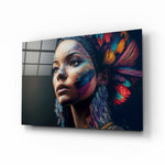 Girl with a Tattoo glass wall art displayed above a walnut headboard in a serene bedroom with linen drapes