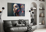 Girl with a Tattoo glass wall art styled above a sideboard in a hallway