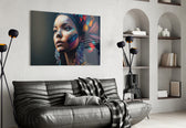 Girl with a Tattoo glass wall art styled above a sideboard in a hallway