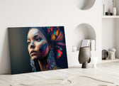 Girl with a Tattoo close-up showing muse beneath a crown of jewel-toned feathers