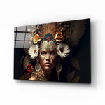 Queen of Flowers glass wall art displayed above a walnut sideboard in a moody hallway with brass sconces