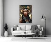 Princess of Flowers close-up showing indigenous muse with golden marigolds and turquoise beads