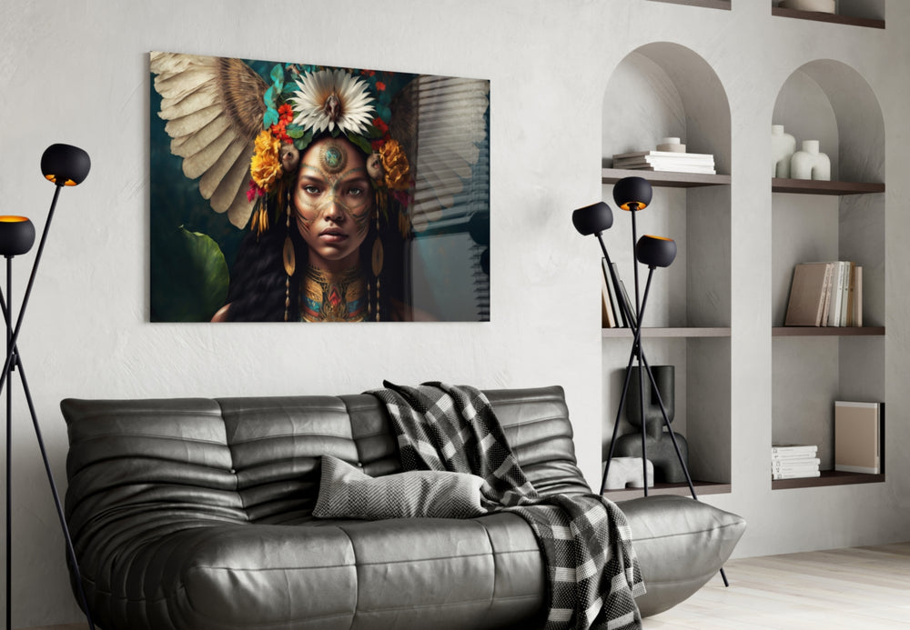 Beauty of the Clan glass wall art styled above a headboard in a bedroom