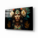 Beauty of the Clan glass wall art displayed above a walnut sideboard in a moody hallway with brass sconces