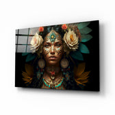 Beauty of the Clan glass wall art displayed above a walnut sideboard in a moody hallway with brass sconces