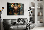 Beauty of the Clan glass wall art styled above a headboard in a bedroom