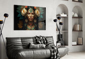 Beauty of the Clan glass wall art styled above a headboard in a bedroom