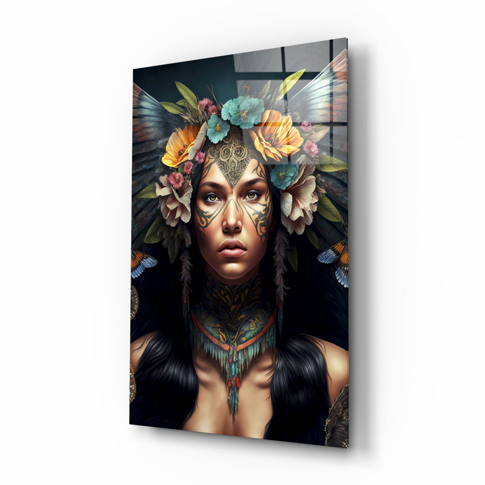 Warrior Beautiful glass wall art displayed above a walnut headboard in a serene bedroom with linen drapes