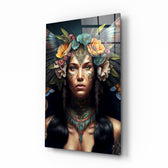 Warrior Beautiful glass wall art displayed above a walnut headboard in a serene bedroom with linen drapes