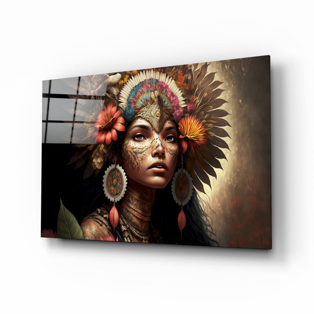 Beauty of the Clan glass wall art displayed above a walnut sideboard in a moody hallway with brass sconces