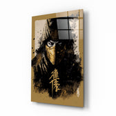 Master Fighter glass wall art displayed above a black leather sectional in a moody man cave with brass sconces