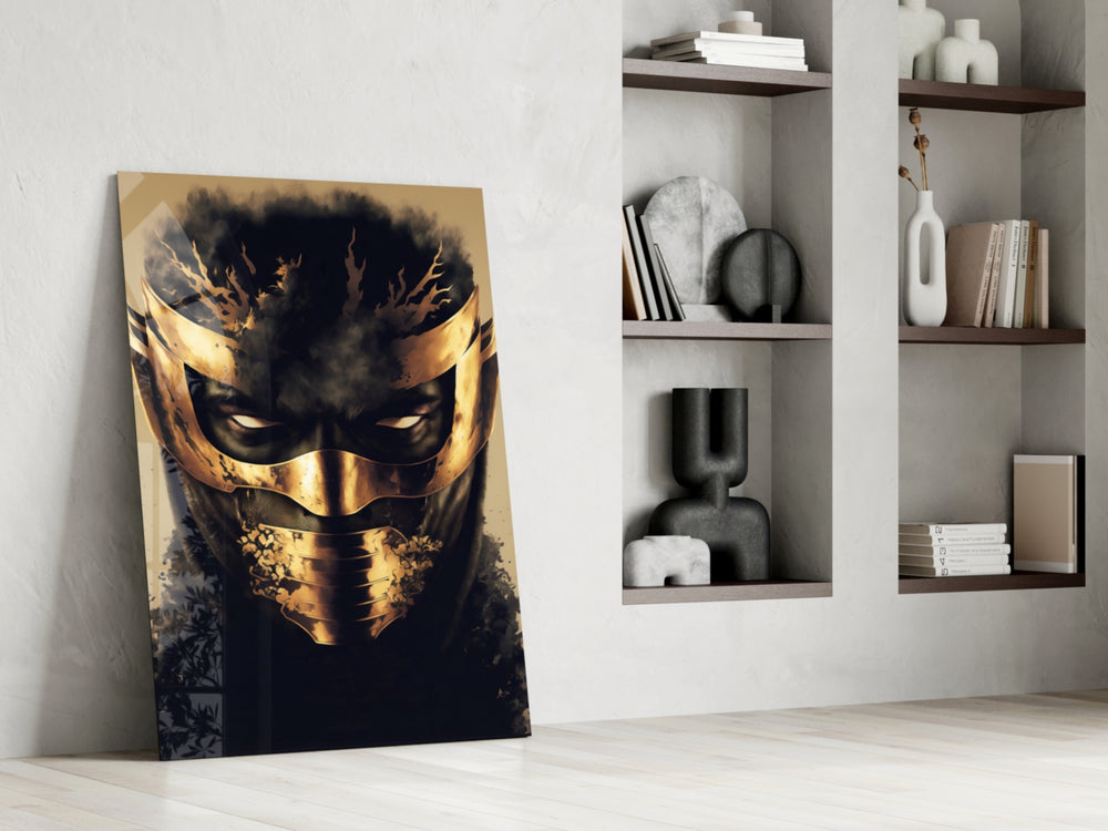 Masked Horror glass print enhancing a teen lounge with cinematic mood