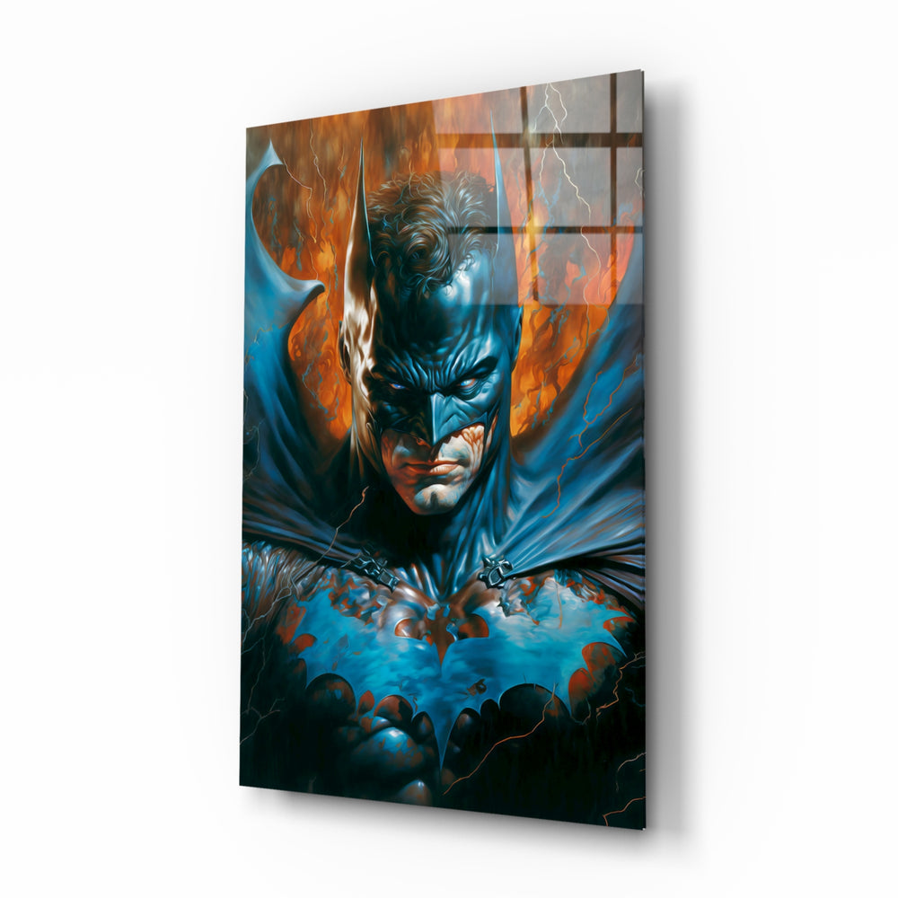Bloody Batman glass wall art displayed above a black leather sectional in a moody home theater with blackout drapes