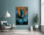 Bloody Batman glass wall art styled above a desk in a kids room