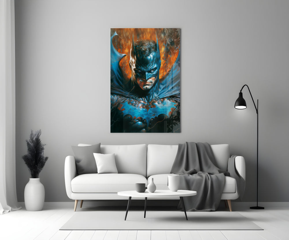 Bloody Batman close-up showing blue cowl and white-glowing eyes amid orange flame