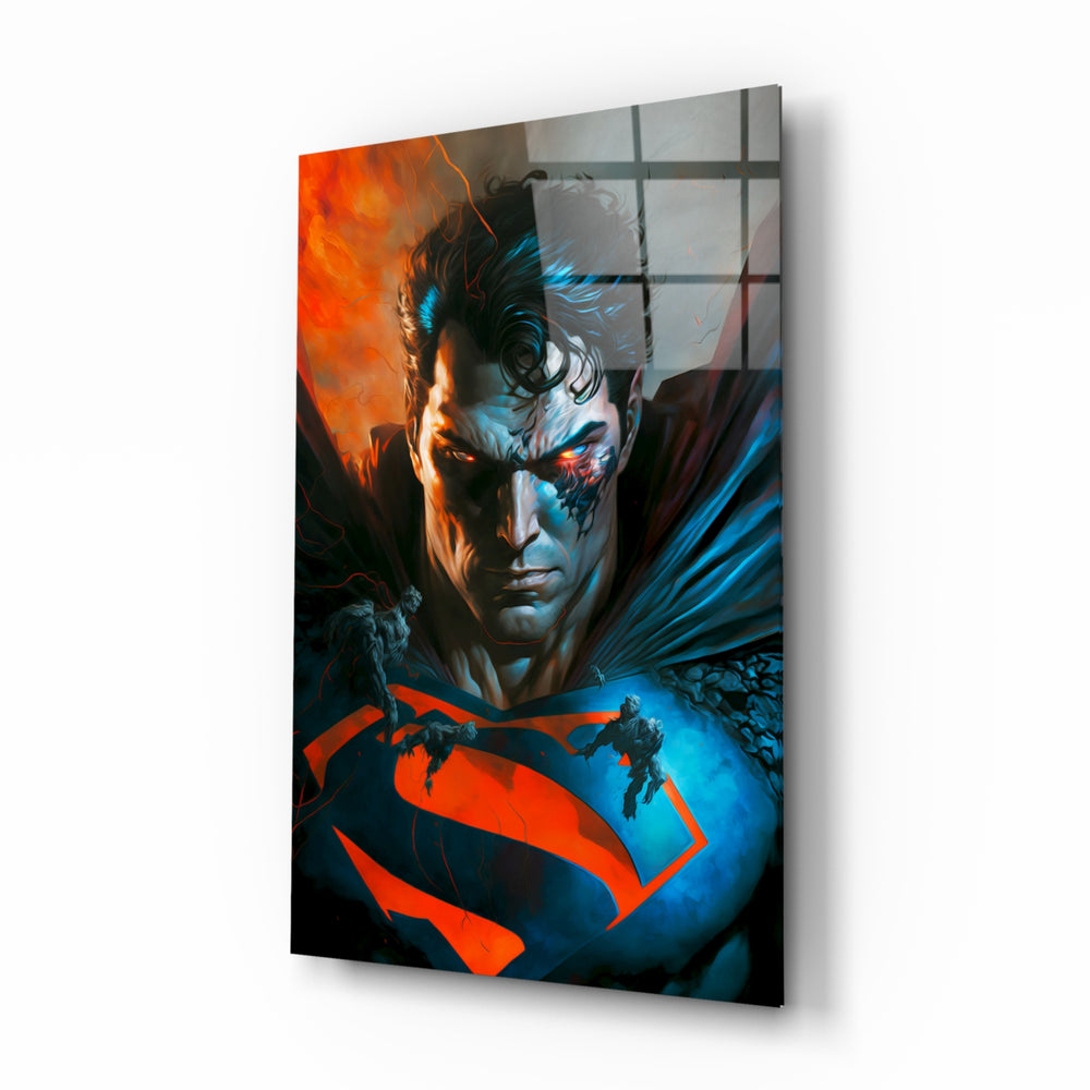 Bloody Superman glass wall art displayed above a black leather sectional in a moody home theater with blackout drapes
