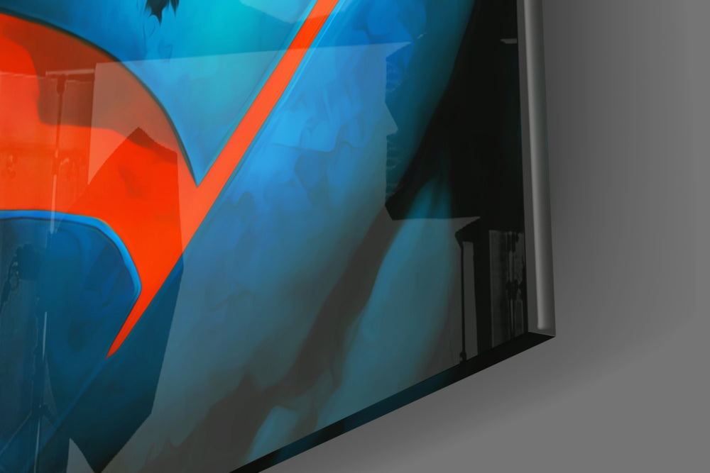 Bloody Superman artwork anchoring a wall with bold dramatic palette