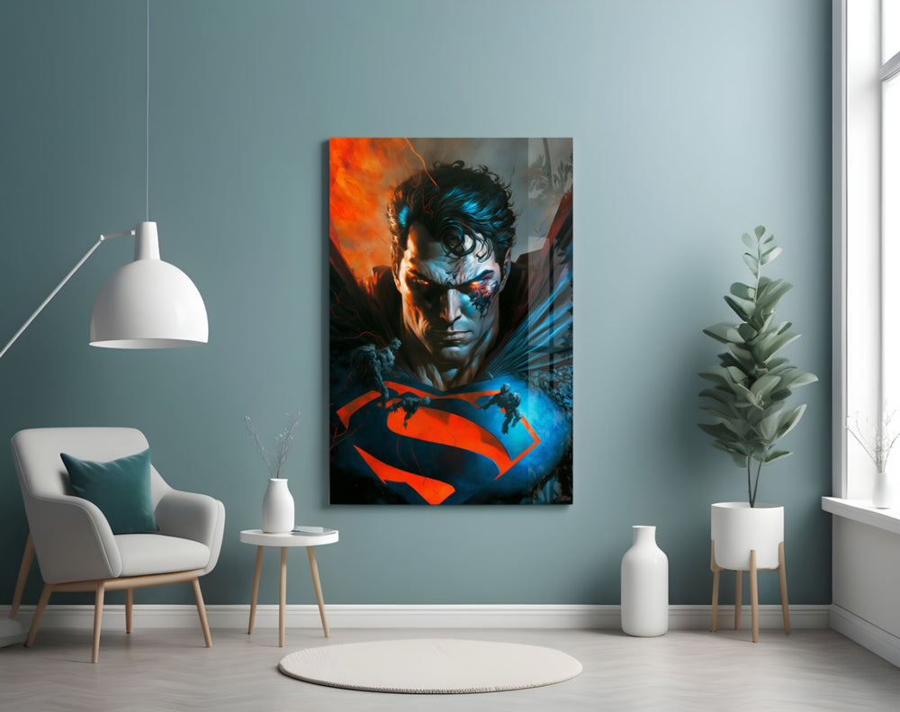 Bloody Superman glass wall art styled above a desk in a kids room