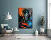Bloody Superman glass wall art styled above a desk in a kids room
