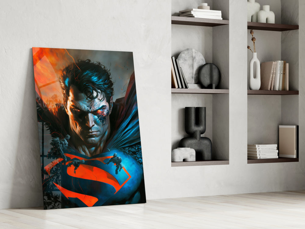 Bloody Superman glass print enhancing a gaming room with cinematic mood
