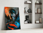Bloody Superman glass print enhancing a gaming room with cinematic mood