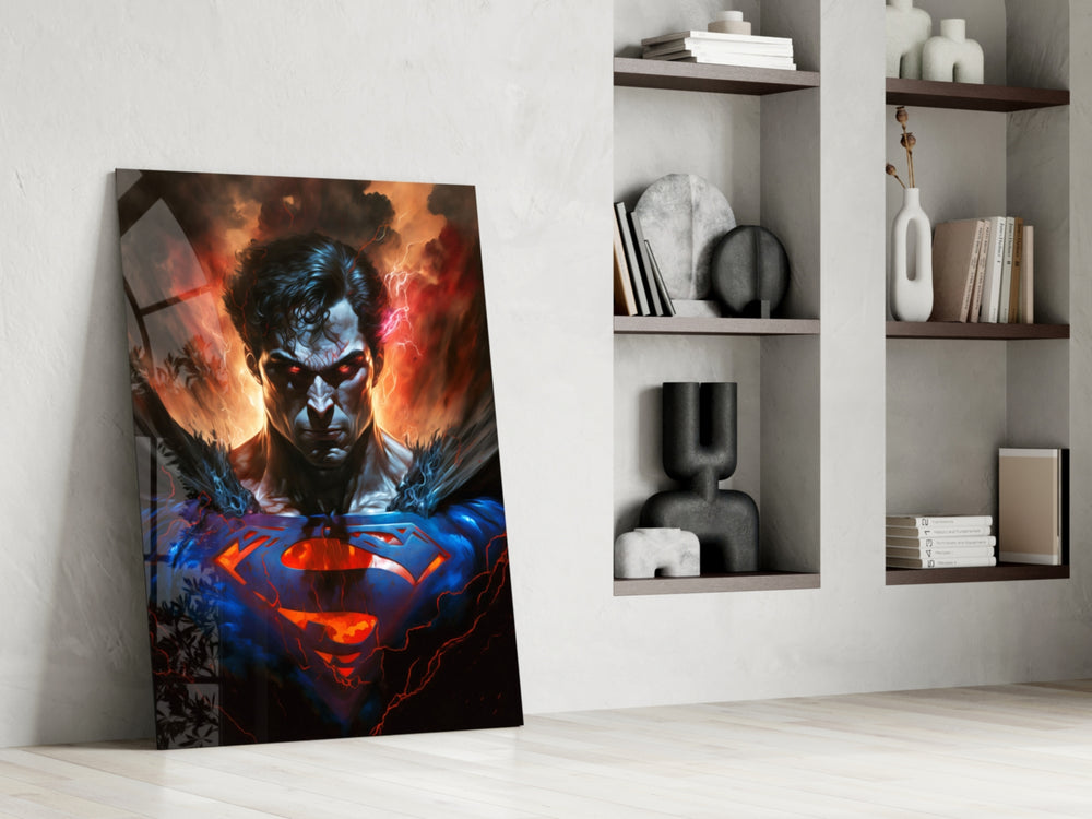 Bloody Superman glass print enhancing a gaming room with cinematic mood