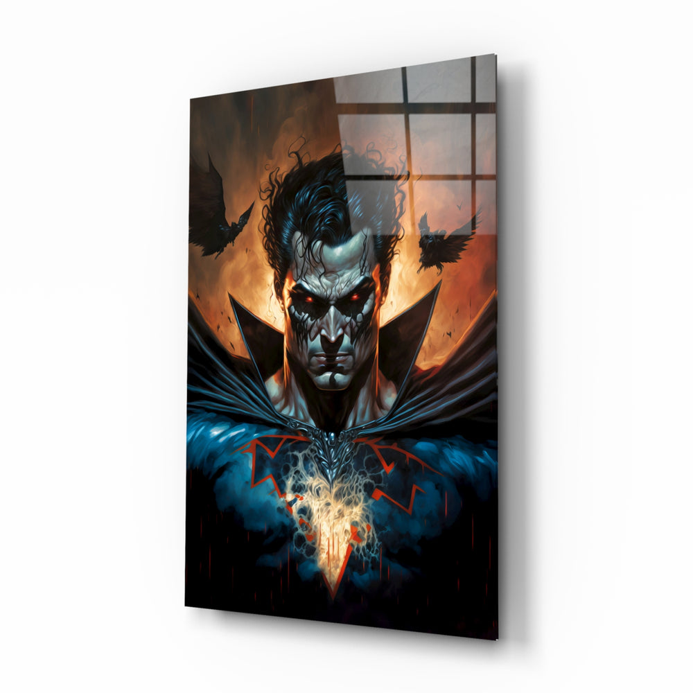 Thirst for Blood glass wall art displayed above a black leather sectional in a moody home theater with blackout drapes