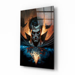 Thirst for Blood glass wall art displayed above a black leather sectional in a moody home theater with blackout drapes